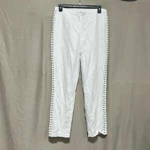Ashro brand / white / linen/cotton beaded‎ down sides of leg zipper pants